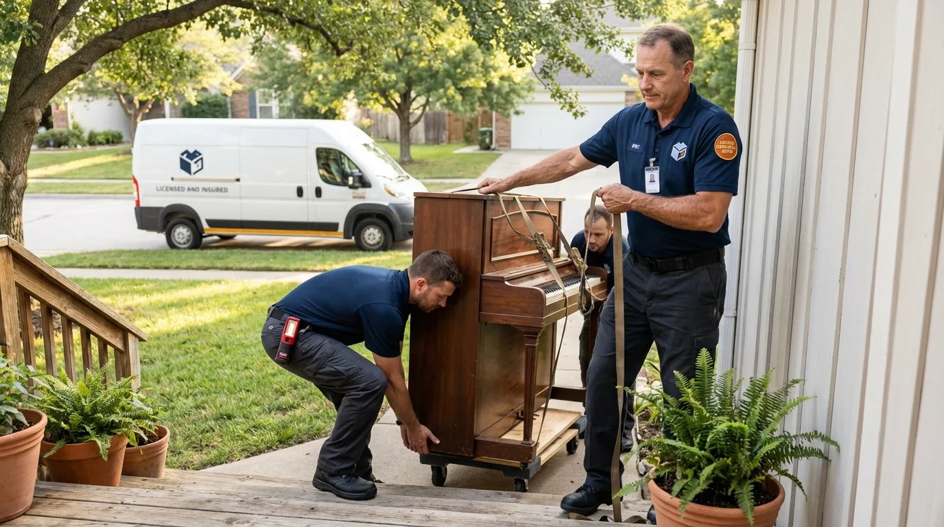 Licensed piano movers securing grand piano in Holiday, FL