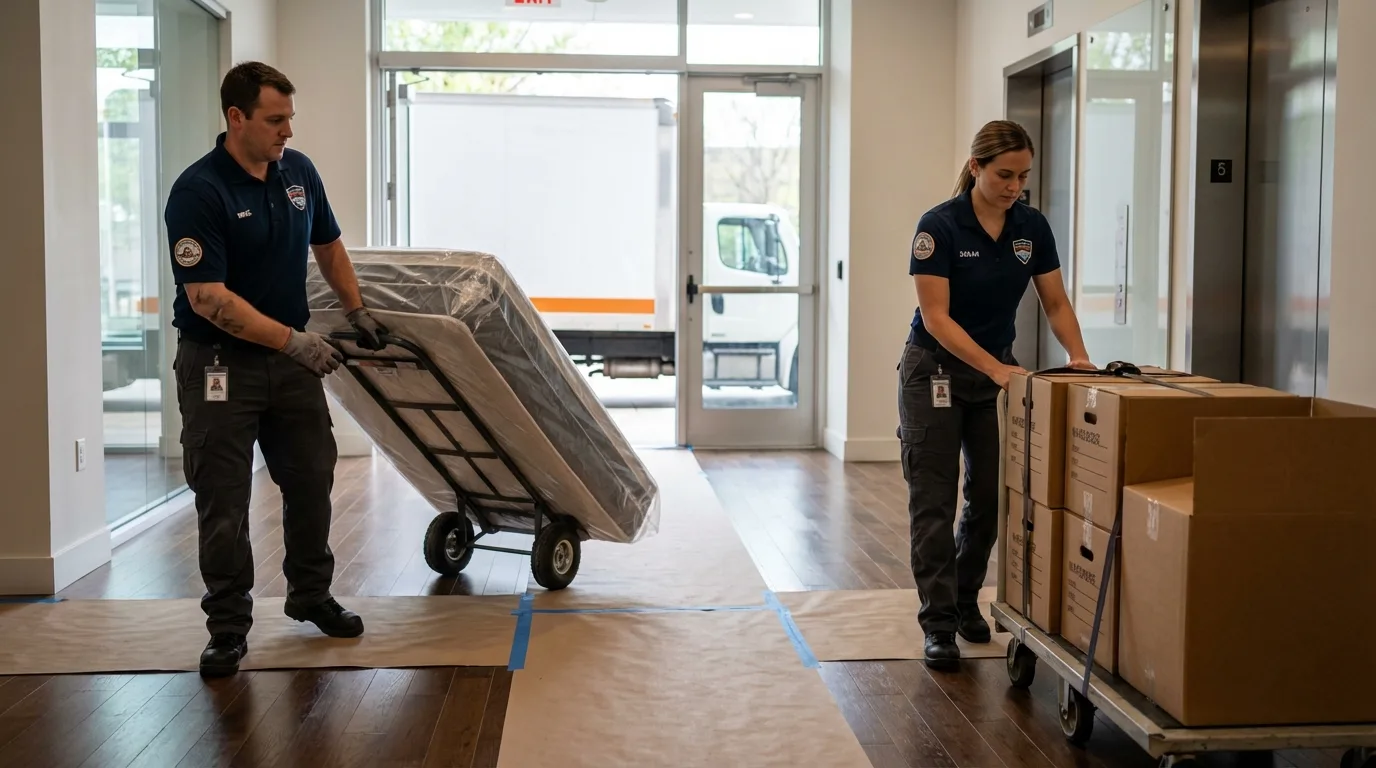 Professional apartment movers loading elevator in Holiday, FL